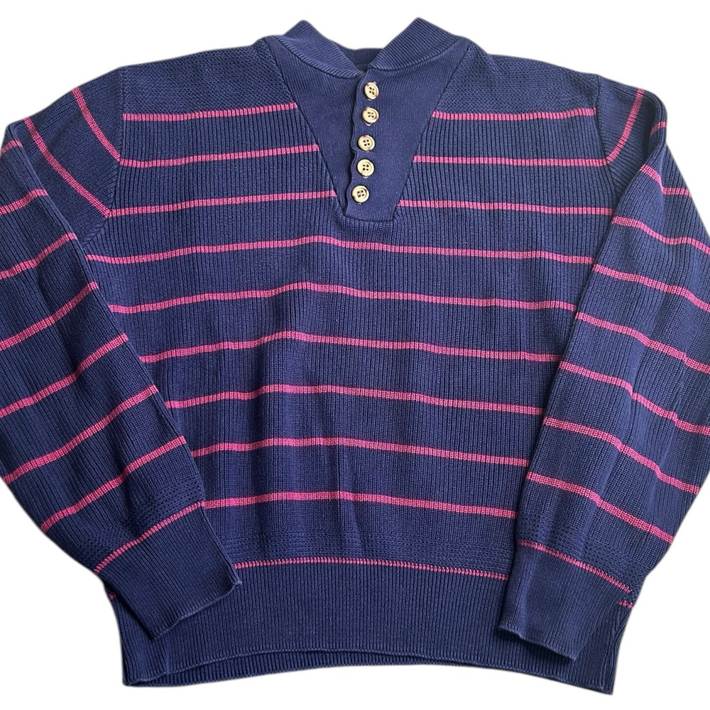 Vintage Lands’ End Men’s Sweater Large Made in USA Navy‎ Pink Stripe Henley Knit